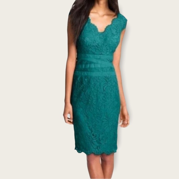 Tadashi Shoji Emerald Green V Neck Lace Sheath Dress size 16 - Picture 2 of 16